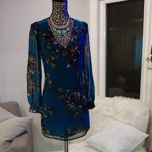 Lavender Brown Teal Floral Long Sleeve Dress